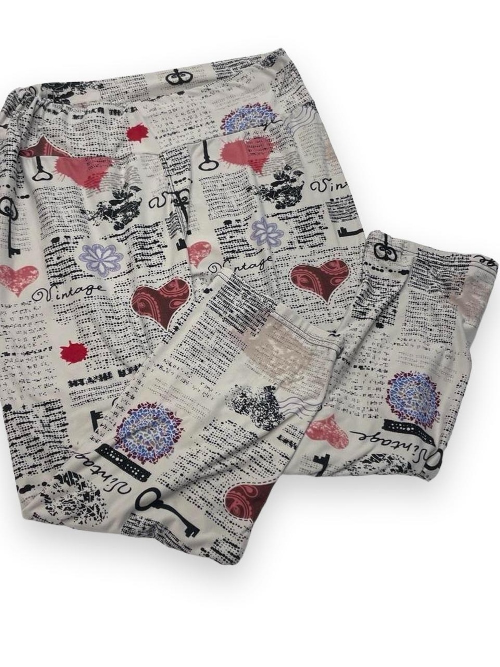 Cream Vintage Motif Pajama Pants with Heart & Key Print